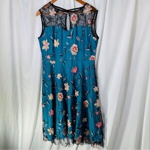 Floral Embroidered Mesh Overlay Sleeveless Dress-Teal Size L